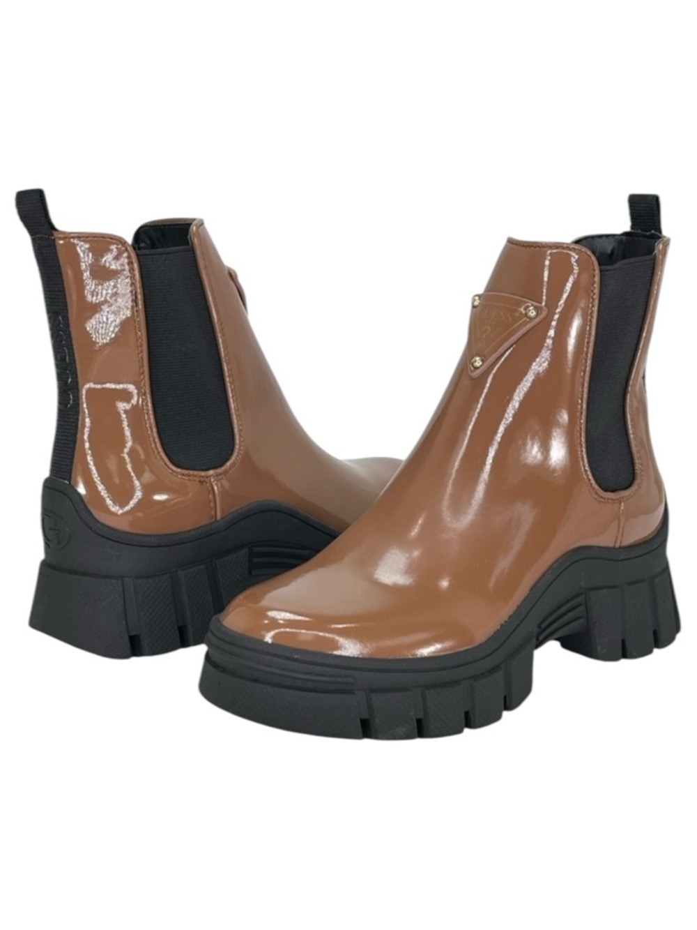 GUESS Hestia Cognac Patent Leather Womens Ankle Boots 5M - Picture 1 of 13